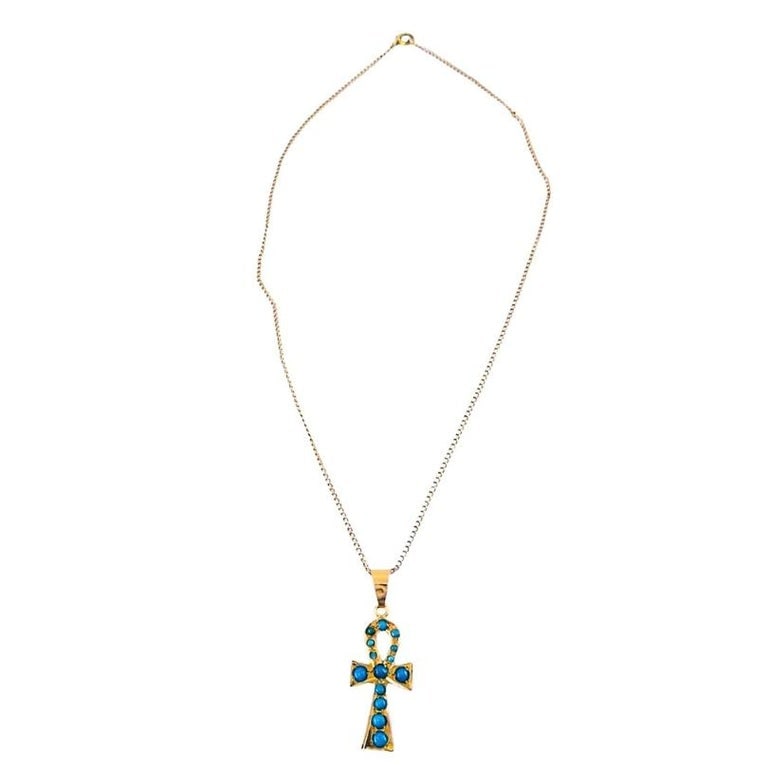 Vintage 21k Gold Turquoise Ankh Pendant 14k Gold Chain Necklace - 6