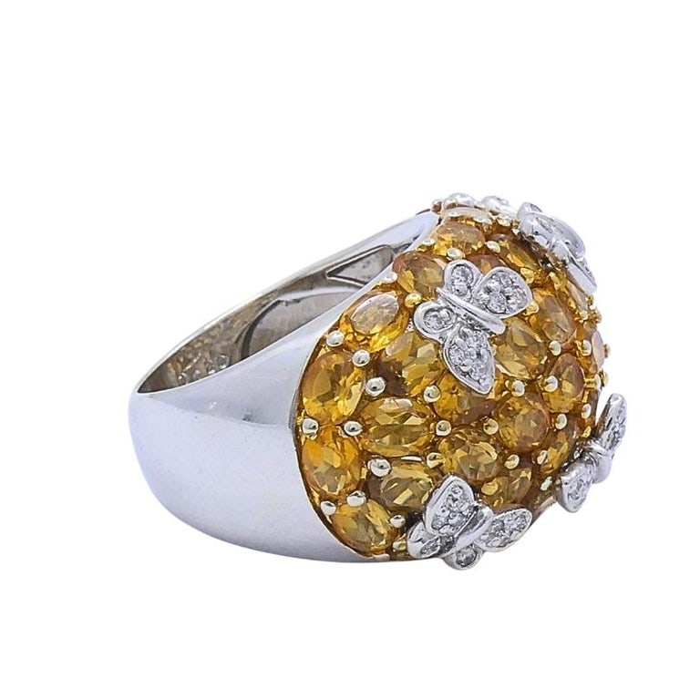 14k White Gold Citrine Diamond Butterfly Dome Ring - 7