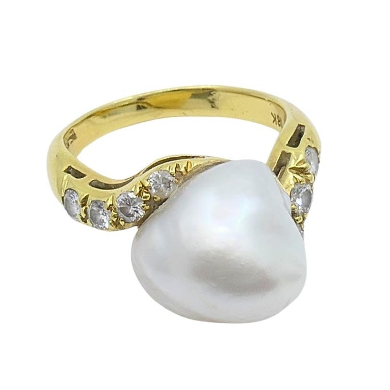 Vintage 18k Yellow Gold Baroque Pearl Diamond Ring - 4