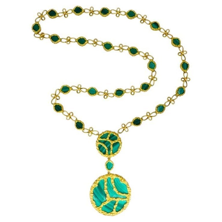 1980s Mauboussin Paris 18k Gold Malachite Pendant Necklace (1 of 9)