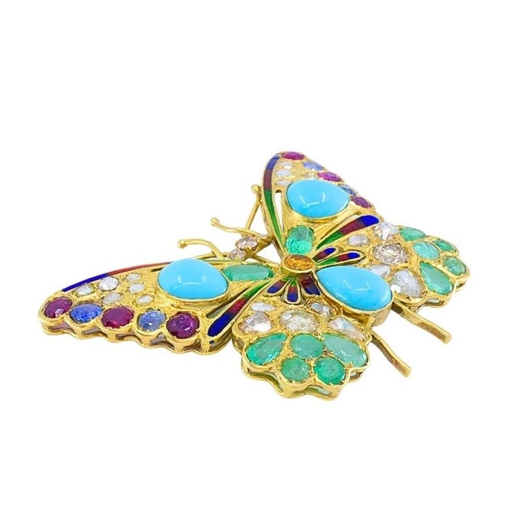 Vintage 18k Gold Multigem Butterfly Brooch Statement Insect Jewelry - 4