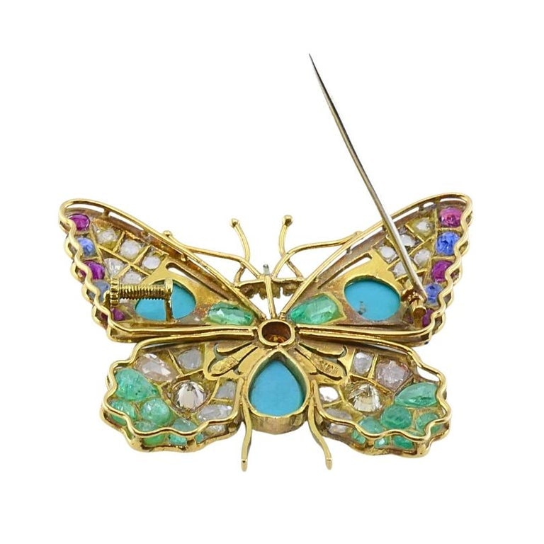 Vintage 18k Gold Multigem Butterfly Brooch Statement Insect Jewelry - 8