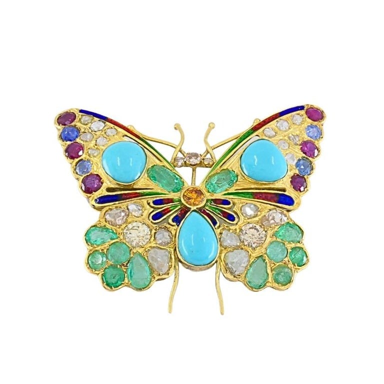 Vintage 18k Gold Multigem Butterfly Brooch Statement Insect Jewelry - 9