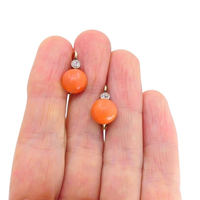 Vintage 14k Gold Coral Earrings Diamond Accent - 7