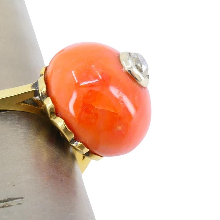 Vintage 14k Gold Coral Ring Diamond Accent - 10