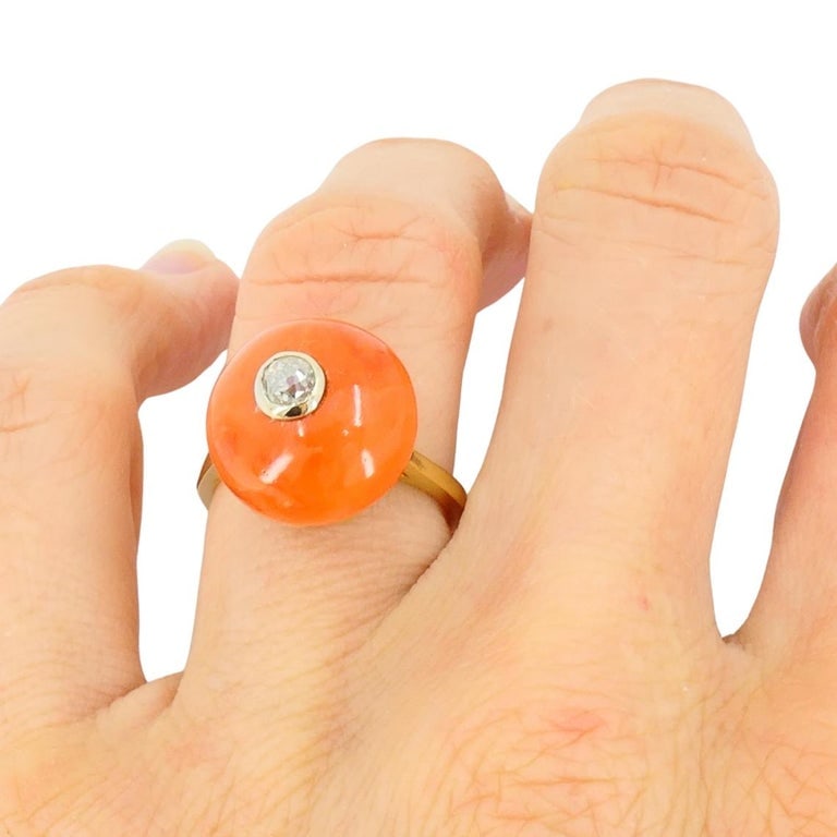 Vintage 14k Gold Coral Ring Diamond Accent - 11