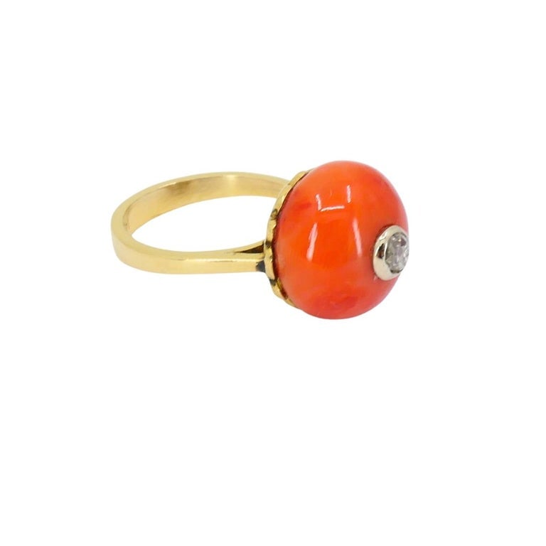 Vintage 14k Gold Coral Ring Diamond Accent - 2