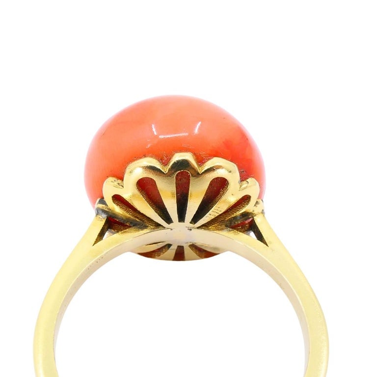 Vintage 14k Gold Coral Ring Diamond Accent - 6