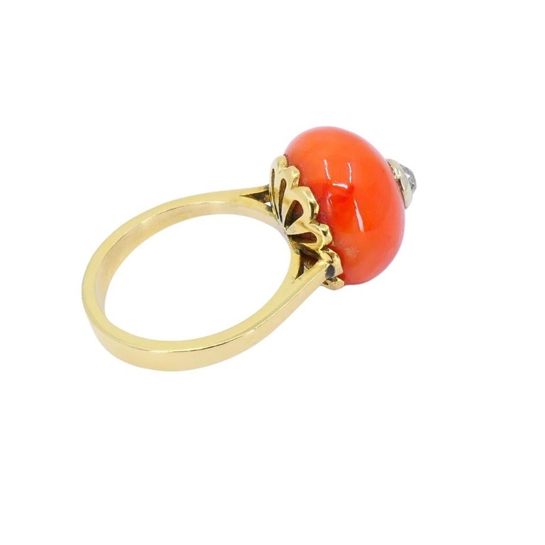 Vintage 14k Gold Coral Ring Diamond Accent - 7