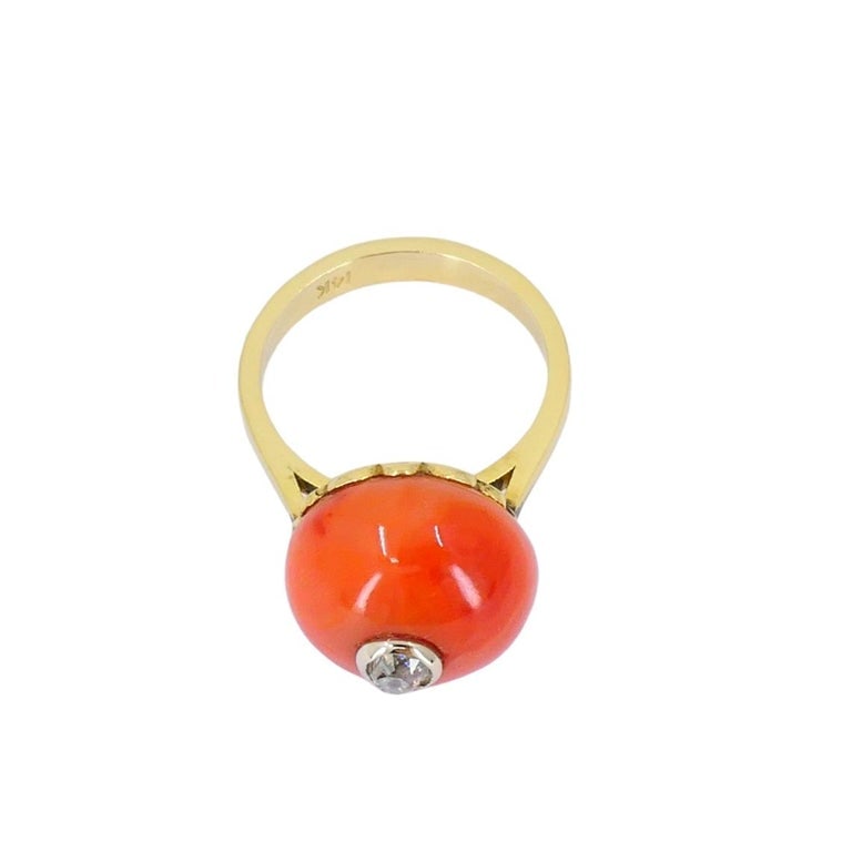 Vintage 14k Gold Coral Ring Diamond Accent - 8