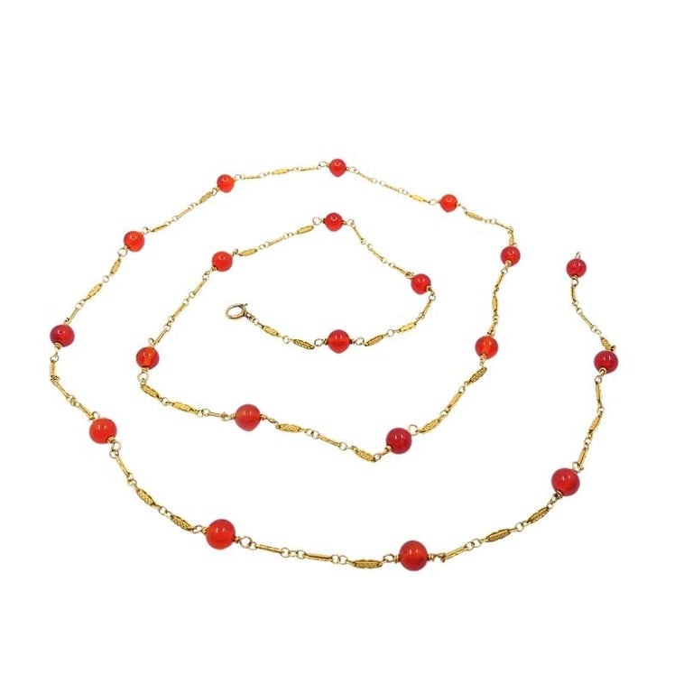 Vintage 14k Gold Carnelian Bead Necklace - 8