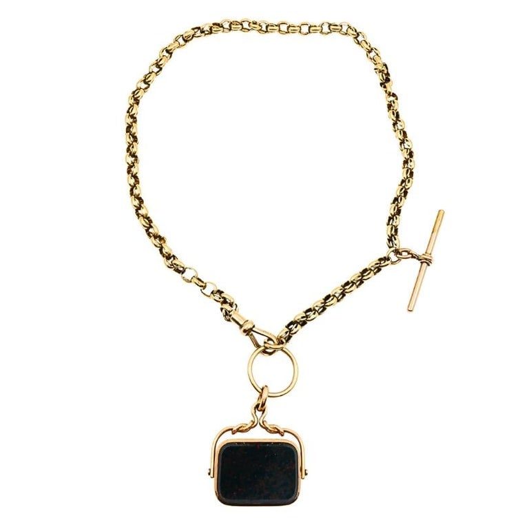 Antique 9k Gold Albert Chain Necklace Bloodstone Agate Pendant - 4