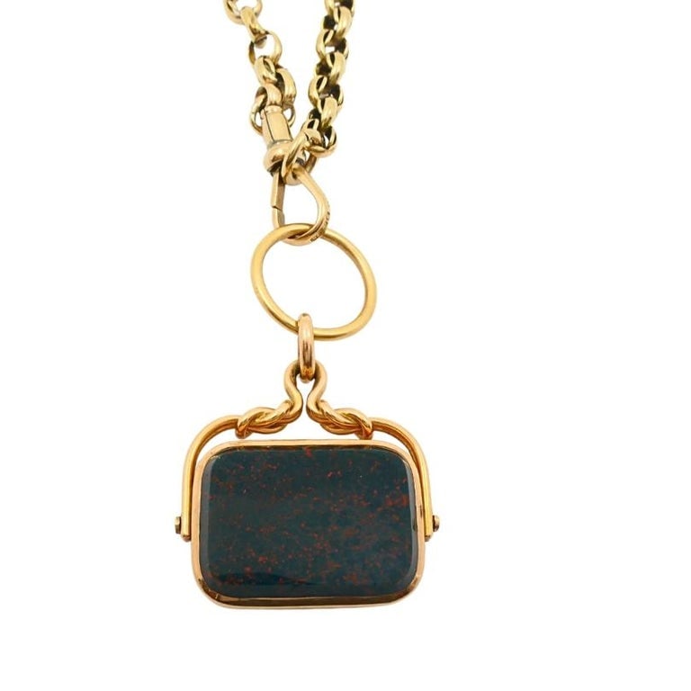 Antique 9k Gold Albert Chain Necklace Bloodstone Agate Pendant - 9