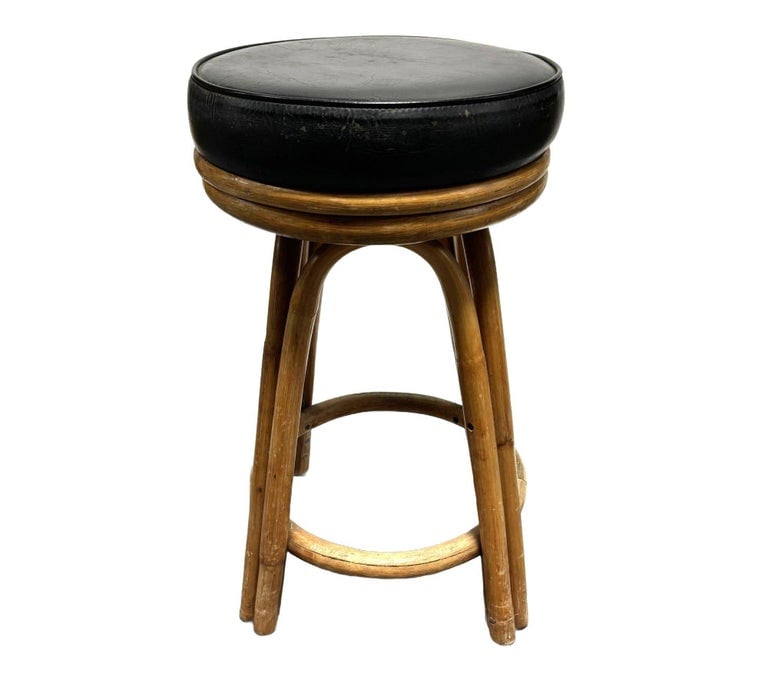 Restored Rattan Double Stand Arched Barstool w/ Black Naugahyde seat, Pair - 4