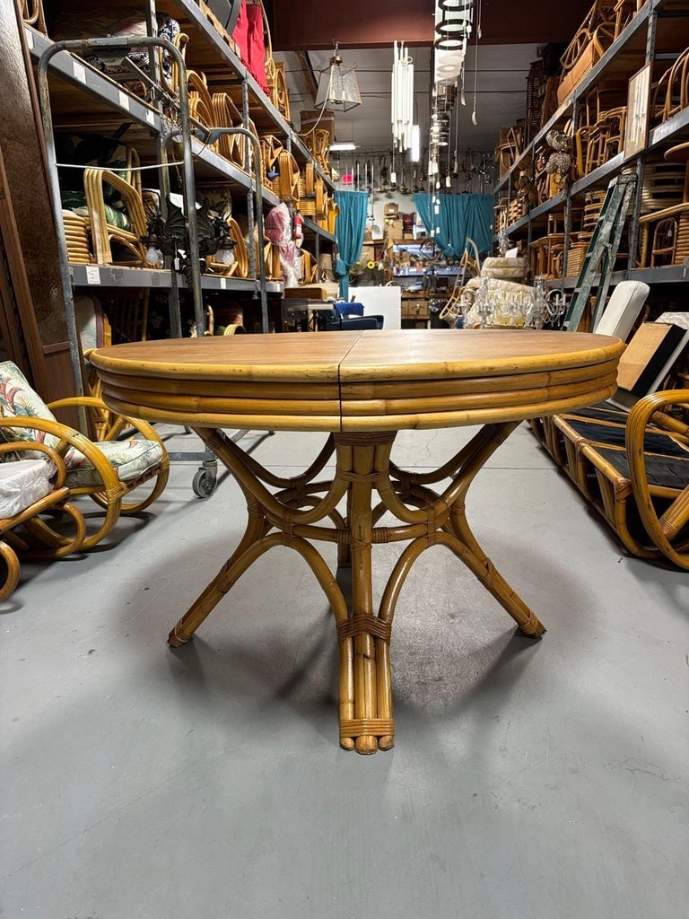 Restored Round Rattan & Mahogany Dining Table W/ Leaf - 10