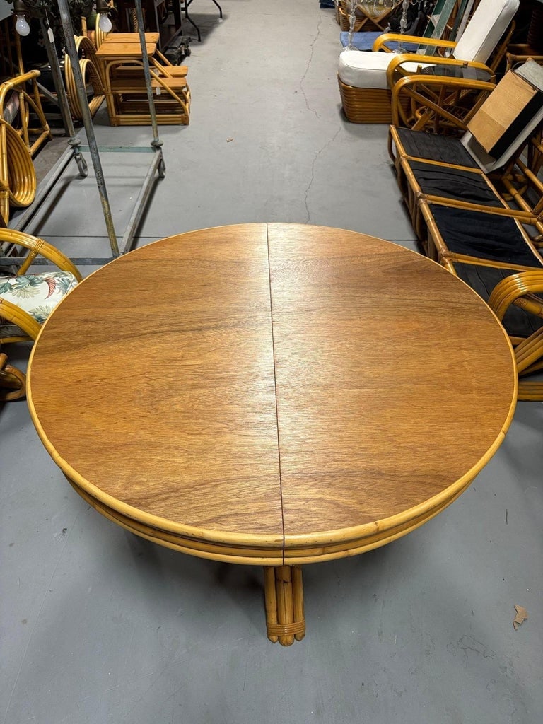 Restored Round Rattan & Mahogany Dining Table W/ Leaf - 11