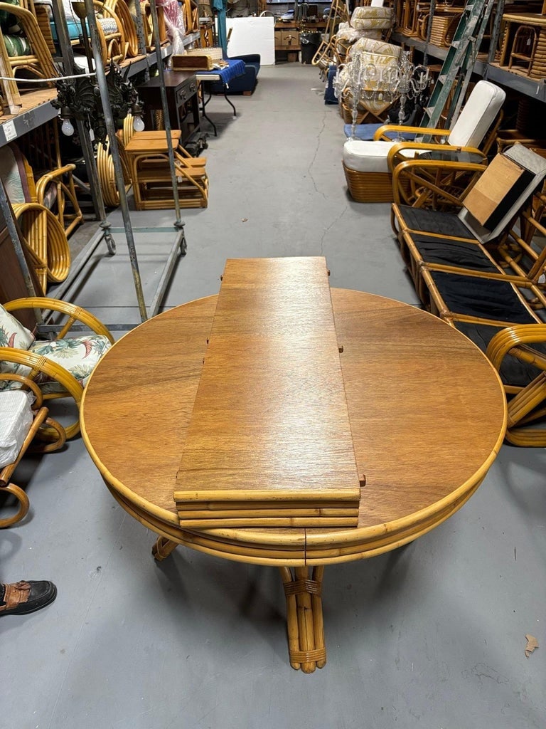 Restored Round Rattan & Mahogany Dining Table W/ Leaf - 12