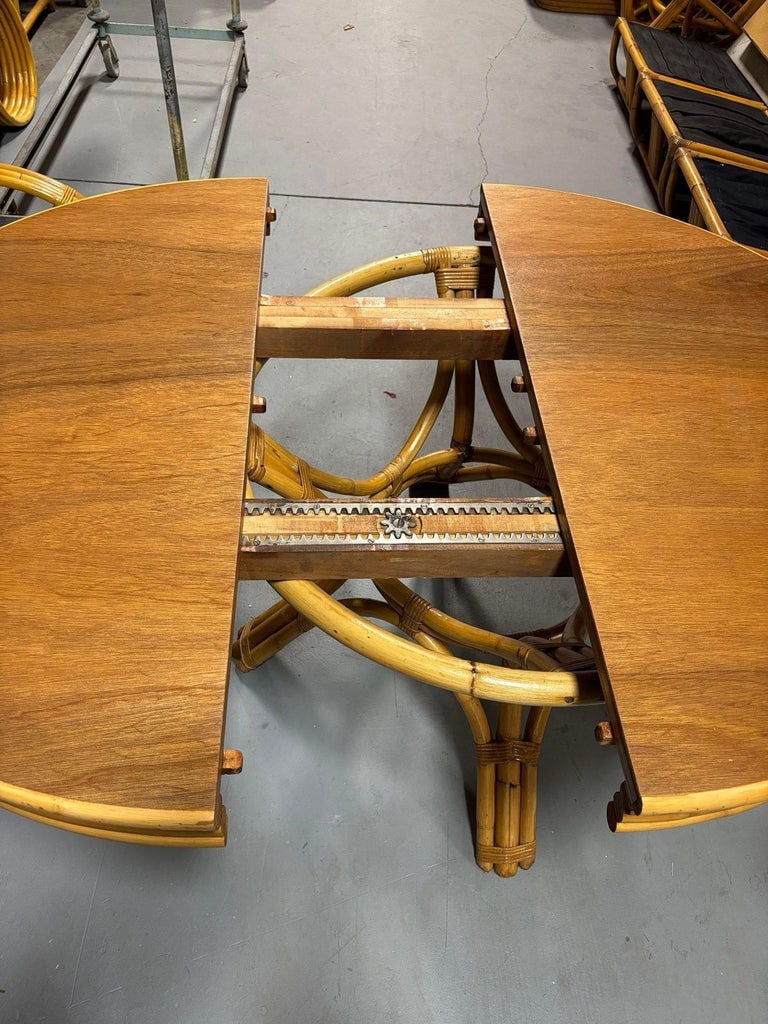 Restored Round Rattan & Mahogany Dining Table W/ Leaf - 13