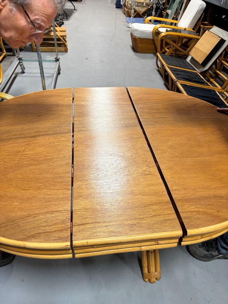 Restored Round Rattan & Mahogany Dining Table W/ Leaf - 14