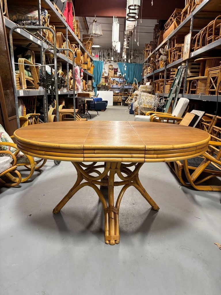 Restored Round Rattan & Mahogany Dining Table W/ Leaf - 15