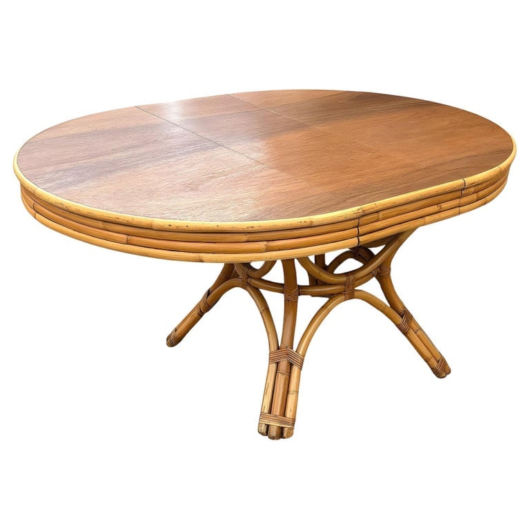 Restored Round Rattan & Mahogany Dining Table W/ Leaf (1 of 15)