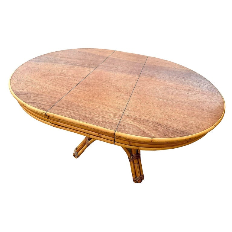 Restored Round Rattan & Mahogany Dining Table W/ Leaf - 2