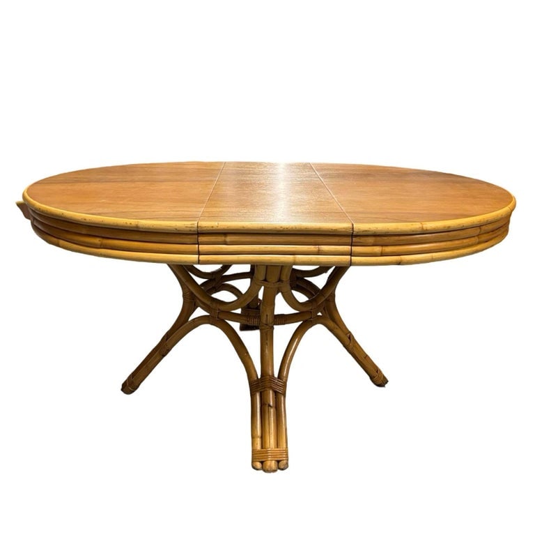 Restored Round Rattan & Mahogany Dining Table W/ Leaf - 3