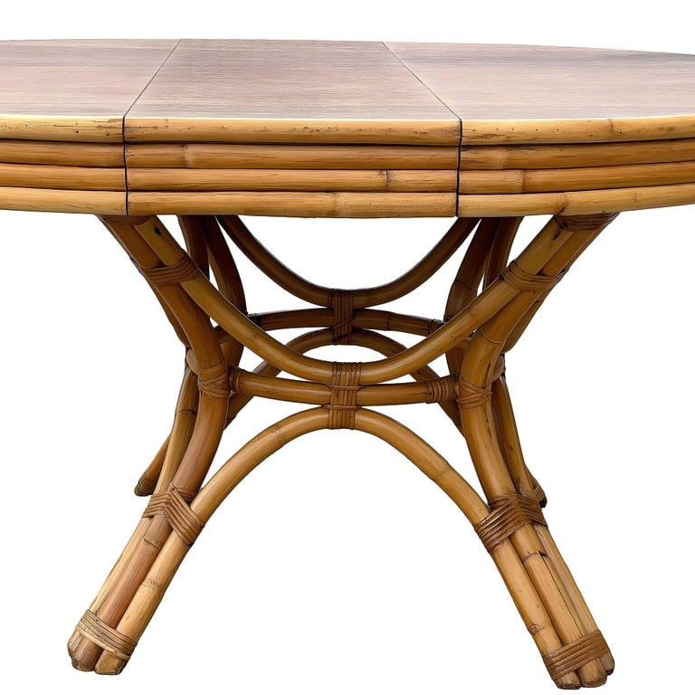 Restored Round Rattan & Mahogany Dining Table W/ Leaf - 6