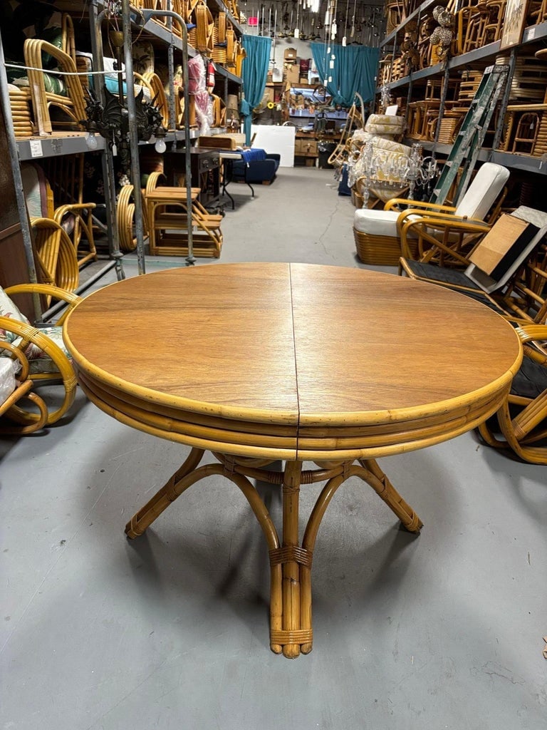 Restored Round Rattan & Mahogany Dining Table W/ Leaf - 8