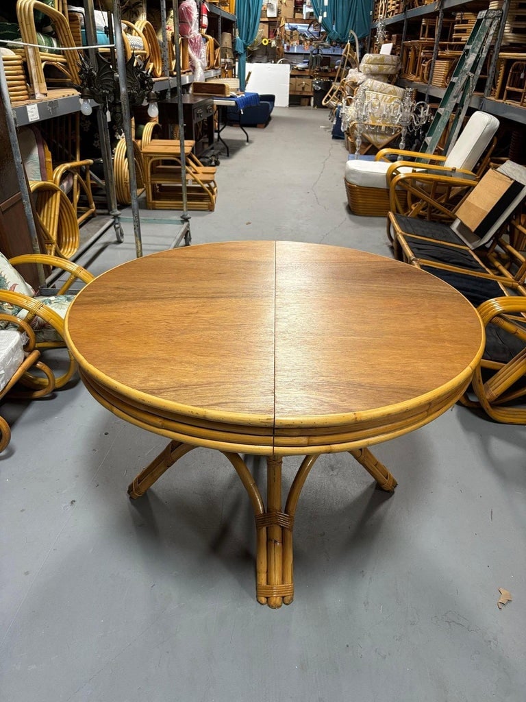 Restored Round Rattan & Mahogany Dining Table W/ Leaf - 9