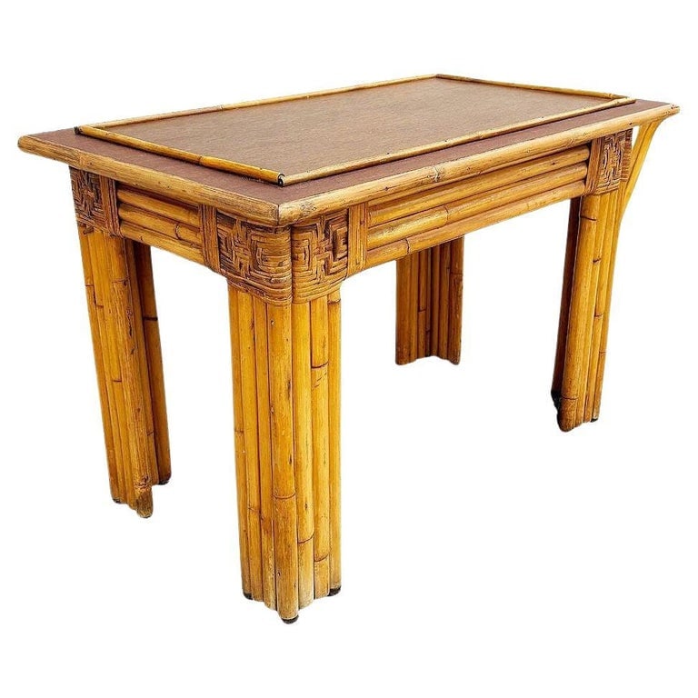 Restored Vertically Stacked Rattan Console Table w/ Mahogany Top (1 of 7)