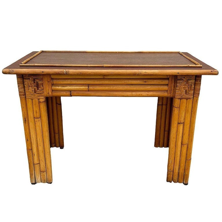 Restored Vertically Stacked Rattan Console Table w/ Mahogany Top - 2