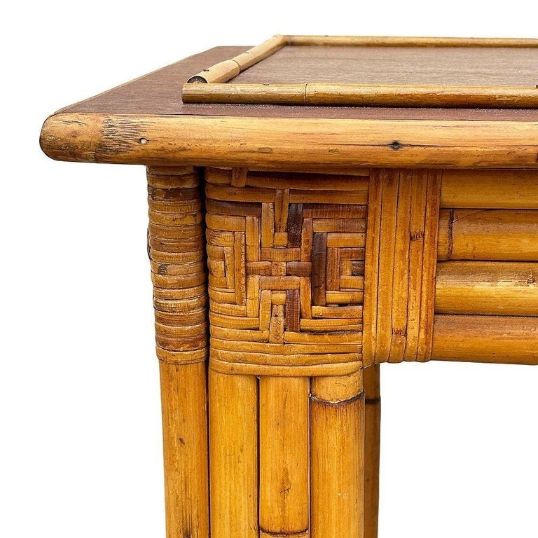 Restored Vertically Stacked Rattan Console Table w/ Mahogany Top - 7