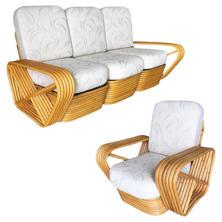 Restored Six-Strand Square Pretzel Rattan Sofa and Lounge Chair Set: Art Deco Rattan living-room set including a matching sectional sofa and lounge chair. Both feature the famous six-strand square pretzel side arms and stacked rattan base originally designed by Paul Fr