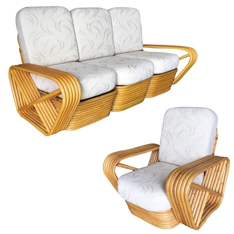 Restored Six-Strand Square Pretzel Rattan Sofa and Lounge Chair Set - 2