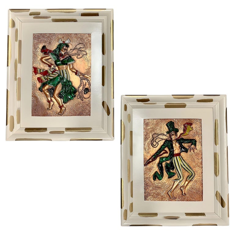Mid-century Hand Painted Hammered Copper Relief Wall Art Framed, Pair: Original Mid-century hand-painted hammered copper relief wall art pair featuring a Haitian couple in Mardi Gras dress complete with beads. The man is in a suit with a top hat and the woman is in a
