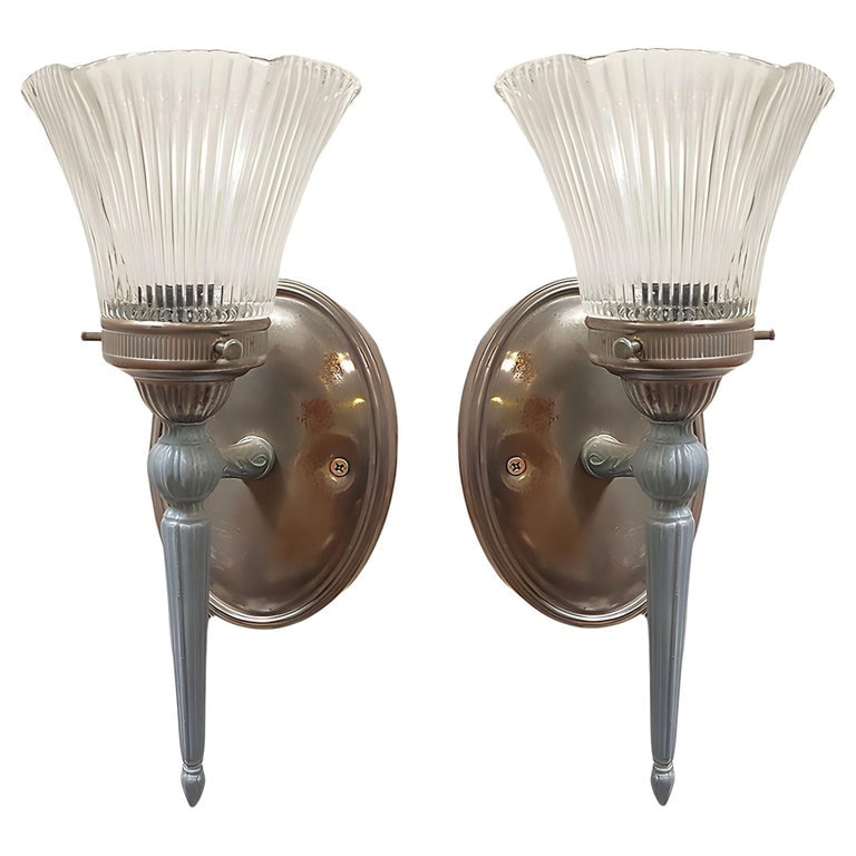 Antique Regency Wall Sconces Electric Light Fixture w/ Tulip Shade, Pair (1 of 6)