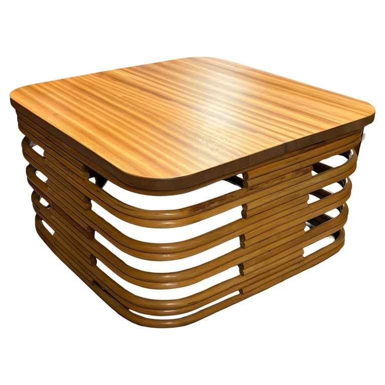 Restored Stacked Rattan Coffee Table w/ Mahogany Top (1 of 6)