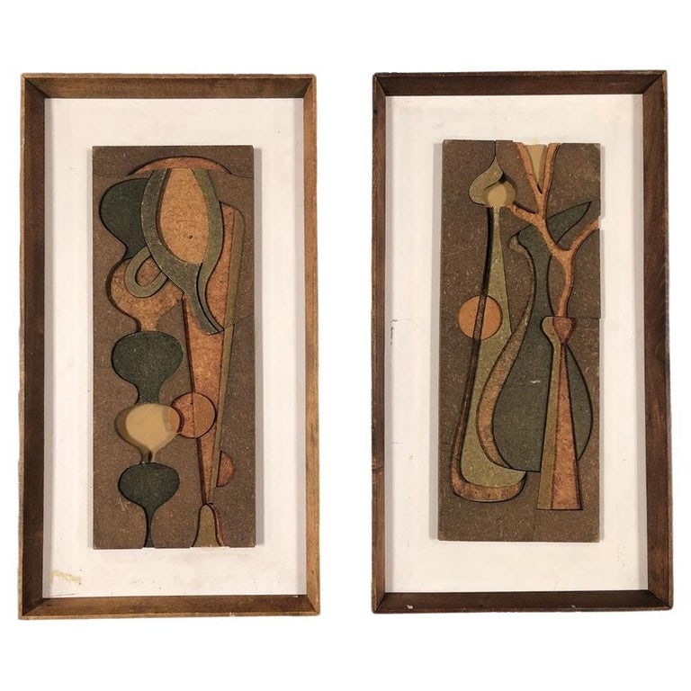 1950 Abstract Still Life 3D Fiberboard Art Wall Sculpture, Pair: Pair of 3D abstract wall sculptures each featuring a still life depicting a table setting of 3 vases made from layers of sculpted fiberboard in original artist's chosen oak picture frames. Each piece 
