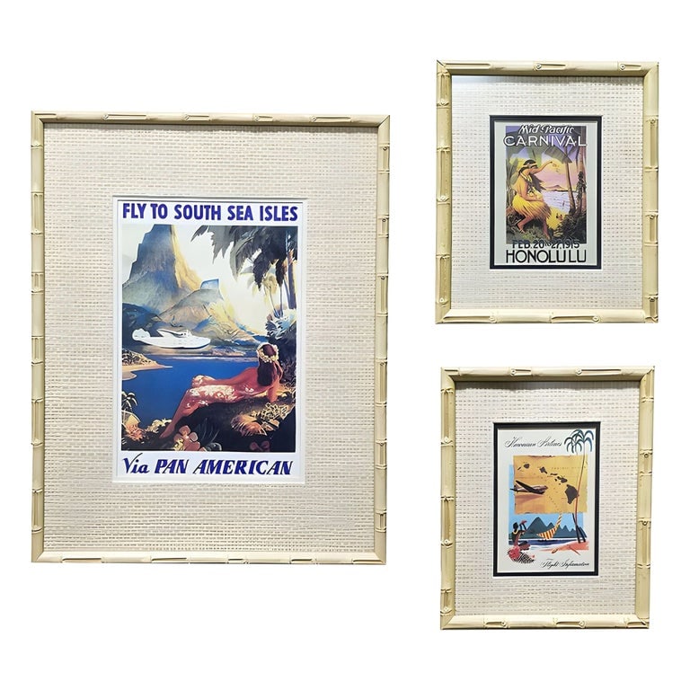 20th Century Hawaiian Travel Posters in Bamboo Frame, Set of 3: Enhance your space with a curated collection of 3 vintage Art Deco Hawaiian travel posters, beautifully presented in a matching bamboo frame with grass mat borders. Included in this set are "Hawaiian 
