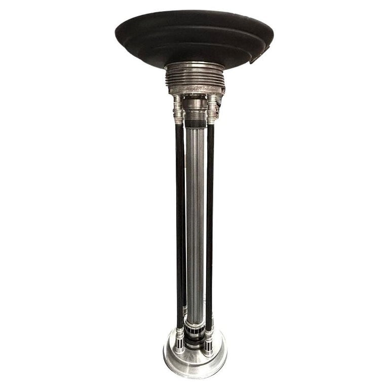 Large 6-Foot Art Deco Revival Machine Age Torchiere Floor Lamp: Renowned artist Rick Ramirez fashioned distinctive, towering floor lamps in the Art Deco style, each a singular creation. His hallmark aesthetic seamlessly blended artisanal craftsmanship with recycle
