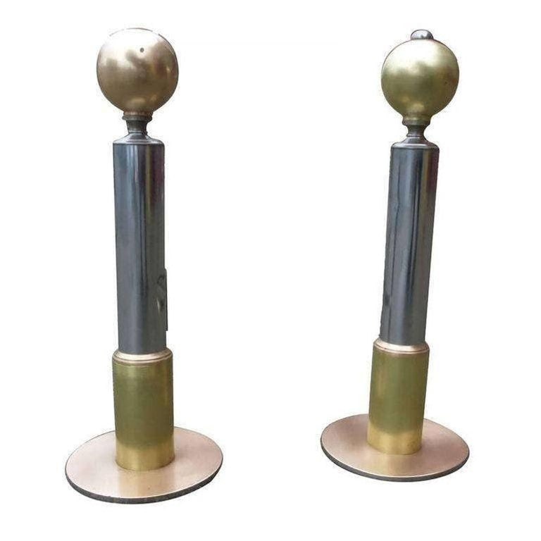 Art Deco Chrome and Brass Geometric Andirons Attributed to Donald Deskey - 2