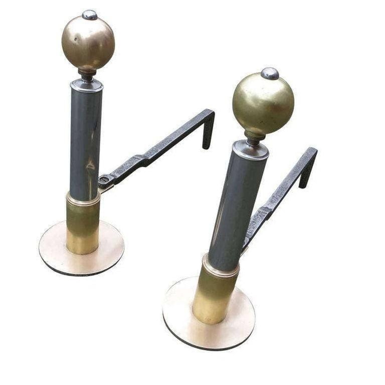 Art Deco Chrome and Brass Geometric Andirons Attributed to Donald Deskey - 3