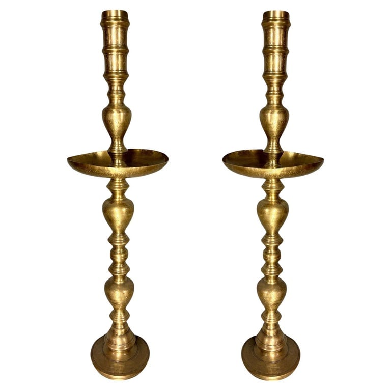 Hand Etched Brass Moroccan Floor Candelabra, Pair (1 of 8)