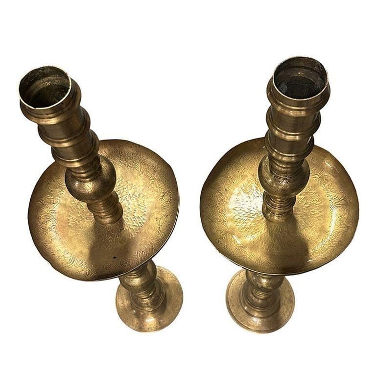 Hand Etched Brass Moroccan Floor Candelabra, Pair - 3