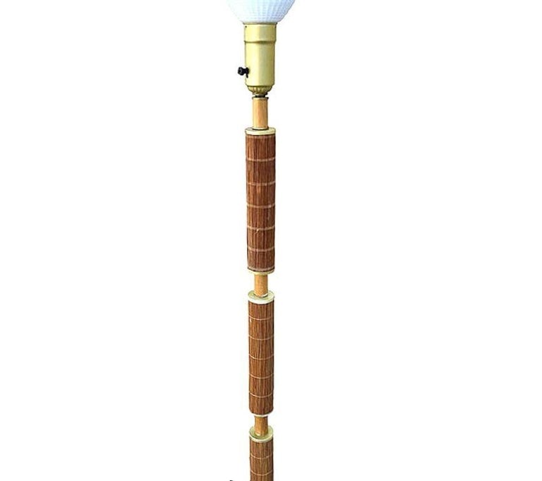 Mid-century Rattan & Brass Floor Lamp w/ Mahogany - 2