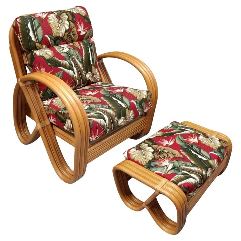 Rattan Mid-century 3-Strand Pretzel Lounge Chair and Ottoman: This beautifully restored rattan 3-Strand pretzel armchair with red and white birds of paradise tropical barckcloth cushions and a matching ottoman. This coastal rattan piece blends vintage charm