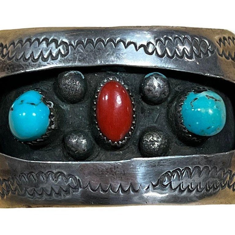 Vintage Navajo KY Sterling Silver Turquoise Coral Cuff Bracelet - 3