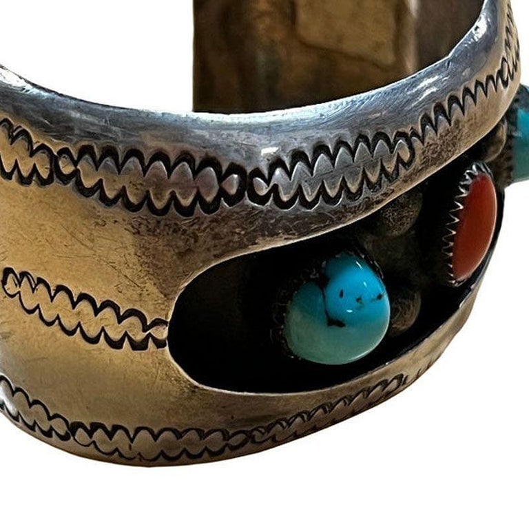 Vintage Navajo KY Sterling Silver Turquoise Coral Cuff Bracelet - 6