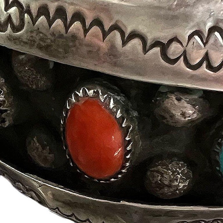 Vintage Navajo KY Sterling Silver Turquoise Coral Cuff Bracelet - 7